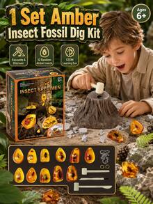 1 Set Amber Insect Fossil Digging Kit, Suitable For 6+ Years Old Children, STEM Natural Science Digging Toy, Includes Plaster Block, Resin Specimen And Tools, Blind Box Treasure Hunt Educational Gift - Multiple Options Available - View 1
