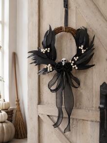 1pc Halloween Black Vine Wreath, Skull Rose Door Hanging, Black Leaf Door Decor, Woven Round Wreath, Gothic Style Door Ring, Front Door Hanging Decoration, Entryway Wall Hanging, Halloween Porch Decoration, Skull Wreath, Black Rose Decor, White Berry Accents, Gauze Ribbon Bow Hanging Decoration, Party Photo Prop, Suitable For Front Door, Living Room, Fireplace, Wall, Windowsill, Display Window, Coffee Corner, Restaurant, Office, Party Table, Halloween Holiday Decoration, Can Be Used For Doorway Welcome Decoration, Indoor Wall Hanging - Gothic Style Ornament C - View 6