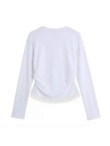 Autumn Lace Patchwork Long Sleeve T-Shirt, White Top For Women, Versatile Slimming Solid Color Inner Layer Base Layer - White - View 4