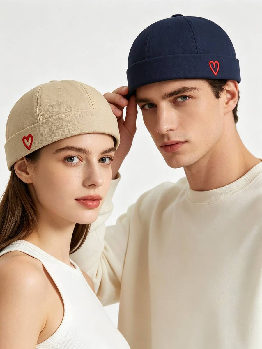 Embroidered Heart Brimless Newsboy Cap, Korean Style INS Influencer Streetwear Hip Hop Melon Cap - Watermelon Hat - View 1