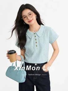 Korean Style Sweet Collar Youthful Short Sleeve Button T-Shirt For Holiday Evening Date And Daily Wear In Summer - Green - View 3