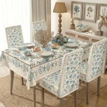 1/4/5/6/7pcs Light Blue Ocean Shell & Starfish Pattern Printed Chair Covers/Chair Slipcovers Set, Suitable For Indoor Home, Restaurant, Hotel, Ideal For Modern Daily Decoration. Tablecloth Fits Square Dining Table, Elastic Chair Covers Are Washable. - Multicolor - View 4