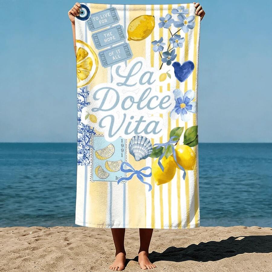1 Stück Sommer Zitronen und Blumen schmücken einen lebendigen Hintergrund, Text schwebt elegant, Aquarellmalerei-Stil. Mikrofaser, schnelltrocknend, sandfrei & leichtes extra großes Handtuch für Pool, Strand, Yoga & Reisen - Verschiedenfarbig - Übersicht 1