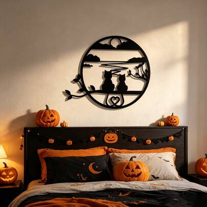 1 pieza YBLCOZYC Decoración de pared de metal con gato de puesta de sol, escultura de silueta de hierro de dos gatos y sol con forma de corazón, arte de pared adecuado para el hogar, sala de estar, dormitorio, jardín, interior y exterior, estilo moderno decoración colgante perfecta como regalo, mejor opción para Navidad
