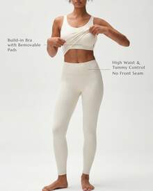 RRIVE Women 2 Piece Yoga Set, Built-In Bra U-Neck Sleeveless Tank Top And High Waisted Leggings Stretchy Gym Workout Activewear Summer Set - 白色 - 查看 4