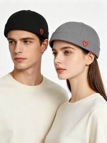 Embroidered Heart Brimless Newsboy Cap, Korean Style INS Influencer Streetwear Hip Hop Melon Cap - Watermelon Hat - View 2