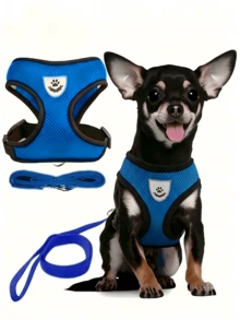 Set di guinzaglio e pettorina per animali domestici per tutte le stagioni, design in rete traspirante e confortevole con strisce riflettenti, leggero, anti-soffocamento, anti-fuga e regolabile, adatto per cani di piccola taglia, cani di media taglia e gatti - Blu - Visualizzare 12