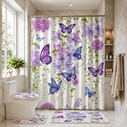 1/4pcs Purple Watercolor Butterfly Print Shower Curtain, Waterproof Polyester Material, Simple Style Home Decor Shower Curtain Set Include Toilet Seat Cover, U-Shaped Mat, Anti-Slip Bath Mat Back To School Bathroom Decor
