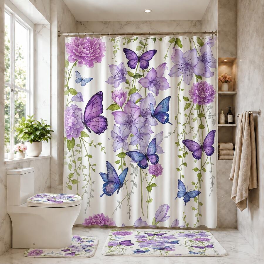 1/4pcs Purple Watercolor Butterfly Print Shower Curtain, Waterproof Polyester Material, Simple Style Home Decor Shower Curtain Set Include Toilet Seat Cover, U-Shaped Mat, Anti-Slip Bath Mat Back To School Bathroom Decor - Multicolor - View 1