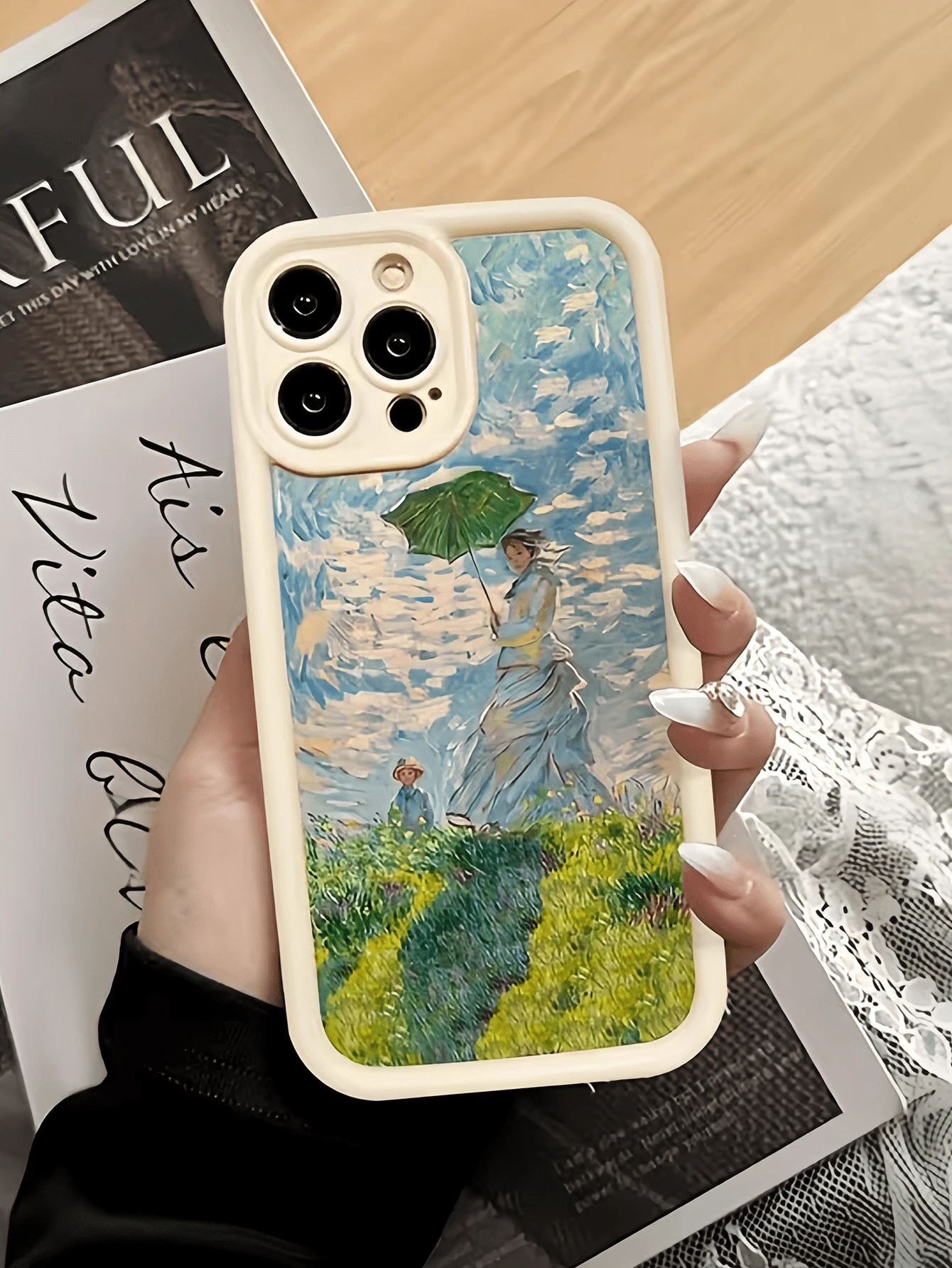 1件 白色女孩撐傘油畫個性化極簡全包覆TPU防震手機殼,適用於Apple 17 16 15 14 13 12 11 Pro Max Air及系列 - 彩色 - 查看 1