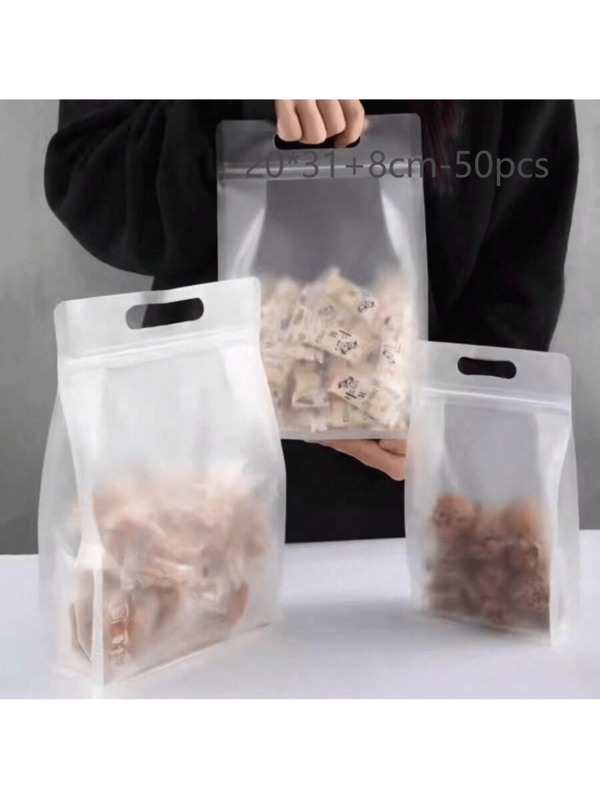 10/20/40/50pcs Frosted Transparent Zipper Bags With Handle, Suitable For Home Candy, Nuts, Snacks, Cookies, Tea, Fruit, Sealed Leak-Proof Storage Bags, Commercial Kitchen Fresh-Keeping Bags, Holiday Wedding Party Accessories