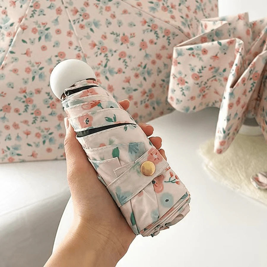 Paraguas de bolsillo mini de 5 pliegues con estampado, protección UV, uso dual para sol y lluvia - 50% de descuento en Pequeña Flor Roja - Ver 1