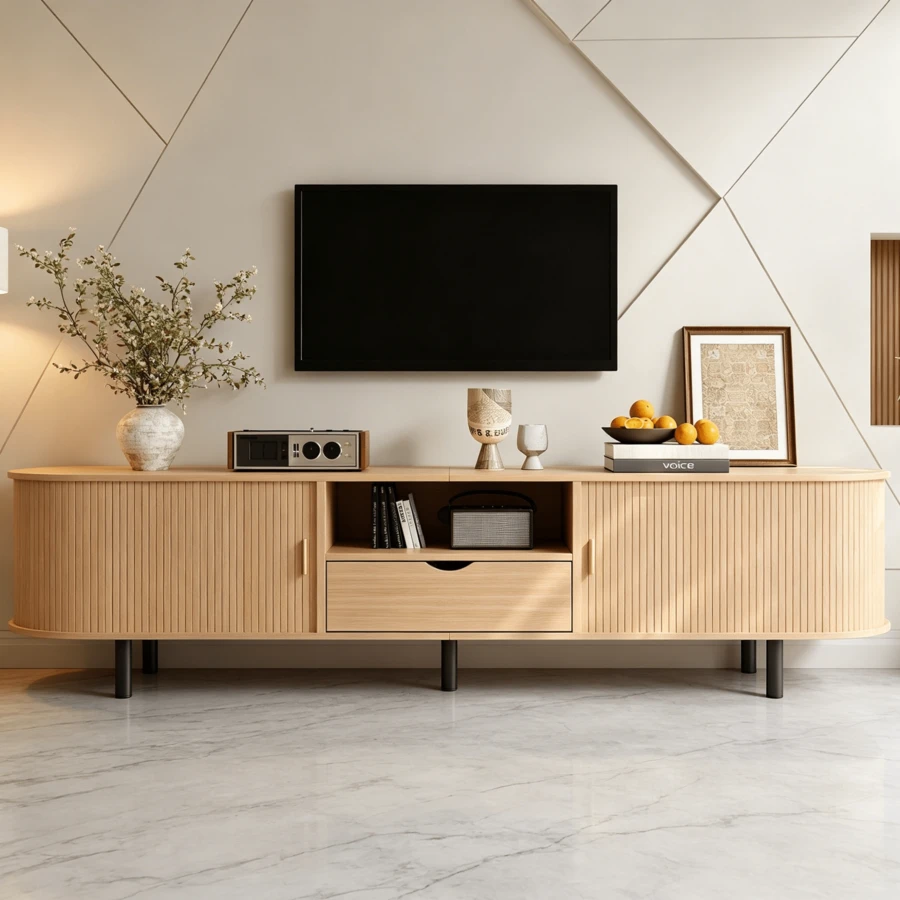 Modern TV Unit Measuring 175x40x55cm, Low Cabinet Type, With Rounded Design And Roll-Up Door, Made Of MDF, Load Capacity Up To 50 Kg, With Drawer And Open Compartments For Living Room, Natural Wood Color. - Natural Color - View 1