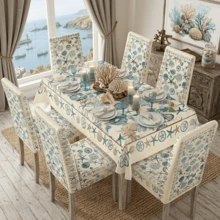 1/4/5/6/7pcs Light Blue Ocean Shell & Starfish Pattern Printed Chair Covers/Chair Slipcovers Set, Suitable For Indoor Home, Restaurant, Hotel, Ideal For Modern Daily Decoration. Tablecloth Fits Square Dining Table, Elastic Chair Covers Are Washable. - Multicolor - View 2
