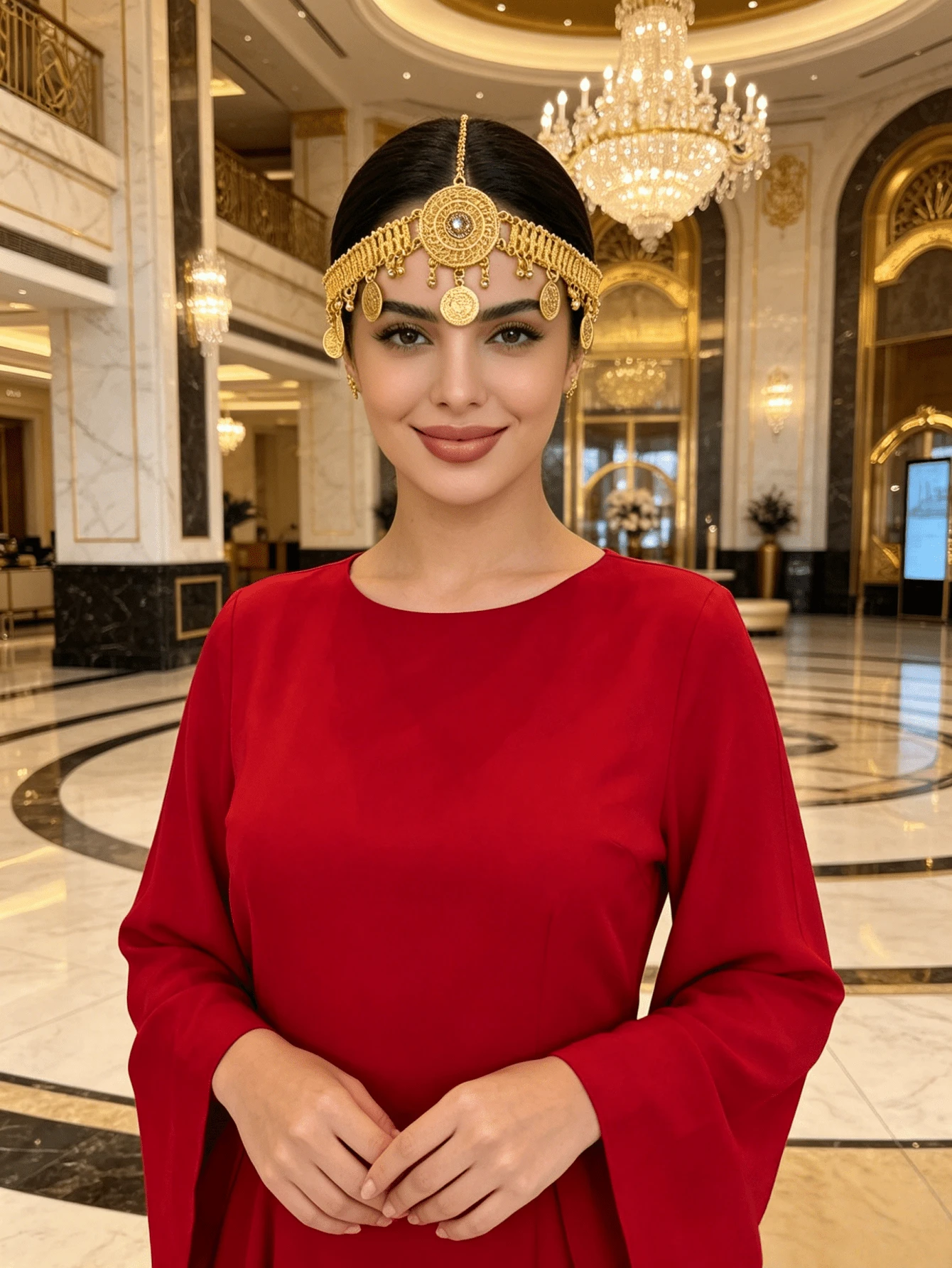 Bohemian Style Floral Rhinestone Pendant Round Disc Multi-Layer Chain Headband For Women, Suitable For Weddings, Parties And Festivals - Gold - View 1