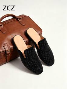 ZCZ Mocasines tipo mule de cuero para hombre, medias zapatillas negras sin cordones, zapatos planos minimalistas clásicos con punta puntiaguda y decoración de strass, adecuados para oficina/uso casual, todas las estaciones - Negro - Ver 10