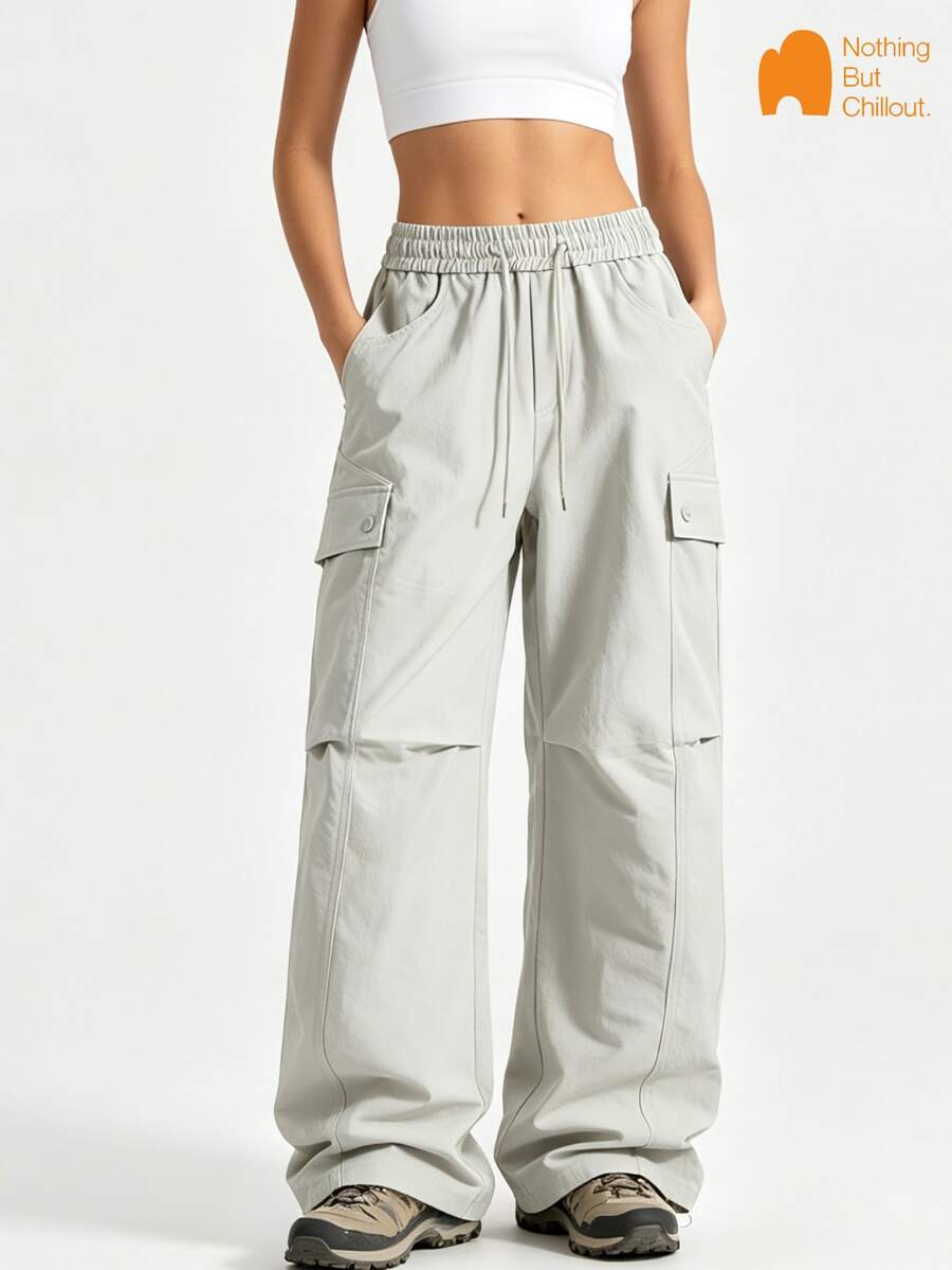 NBCT Women's Drawstring Multi-Pocket Cargo Pants, American High Street Loose Straight Leg Casual Pants, Versatile Outdoor Long Pants