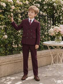 Tween Boy Suit Tuxedo Formal Wear For Hosting, Piano Recital, Wedding Page Boy, 3 Pieces Set (Blazer + Pants + Tie) - Red - View 2