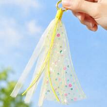 1pc Back To School Daily Macaron Color Sequin Mesh Ribbon Tassel Keychain, Multi-Color Ring Backpack Bag Pendant - Multicolor - View 2