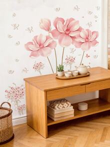 1pc Warm Romantic Pink Magnolia Flower & Butterfly Wall Decal Sticker, Removable Room Decor For Bedroom, Living Room, Entryway - 1PC - View 3