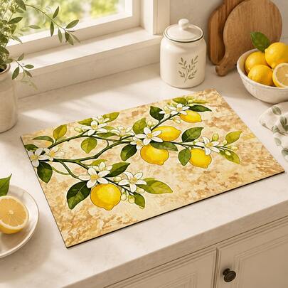 1pc Pet Lemon Print Pattern Drainage Mat/Absorbent Mat/Drying Mat Coffee Machine Dish Drying Mat - Absorbent Polyester Desktop Protector With Rubber Non-Slip Backing, For Kitchen Countertop Decoration - Home Bar And Dining Table Placemat