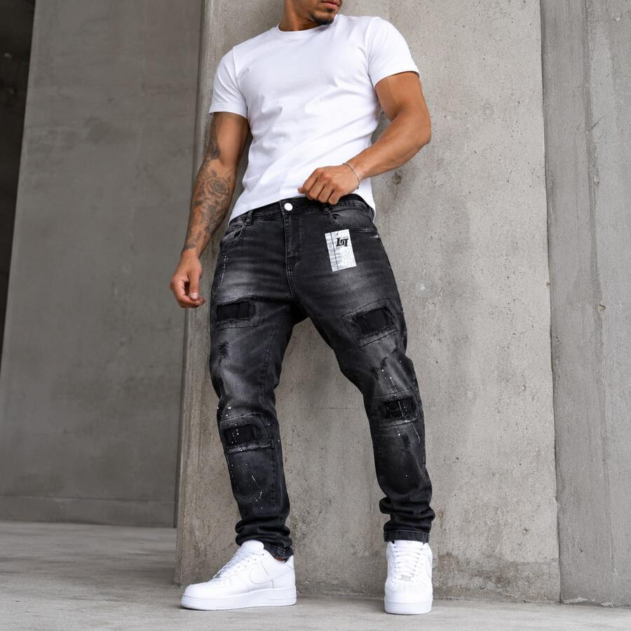 Men's Skinny Black Soccer Player Jeans With Elastane, Featuring A Distressed Effect, Rips, And Paint Splatters. Basic Fit. - Jogador/01 - View 1