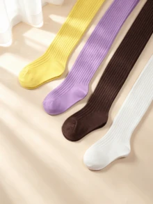 4雙女童羅紋針織褲襪，柔軟親膚全腳包覆式打底褲，高彈性透氣百搭兒童襪，春夏秋冬公主裙內搭褲 - 彩色 - 查看 5