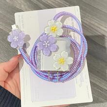 Summer Purple Yellow Blue Multi-Color Floral Charger Protective Case Compatible With IPhone 15 Pro Max, 13, 12/11, 18/20W Fast Charger, Data Cable Protective Case With 3D Texture, High-Definition Transparent Protective Case With Electroplated Protective Line, 4-Piece Set, Essential Gift, New Popular Style - Clear - View 3