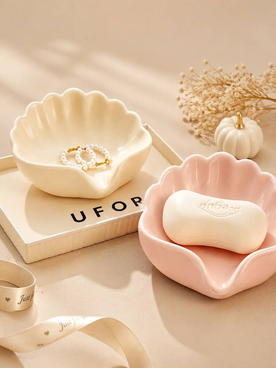 2/1pc Nordic Style White Shell Soap Dish, Non-Slip Waterproof Storage Tray, Bathroom Sink Countertop Organizer, Jewelry & Cosmetics Storage, Minimalist Home Bathroom Decor, Household Daily Necessities, Suitable For Holiday, Vacation, Party