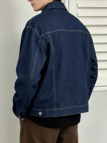 Men's Loose Fit Deep Blue Denim Jacket With Turn-Down Collar, Button Front, Chest Pockets, Workwear Street Style, Suitable For Spring And Autumn - Dark Wash - View 2