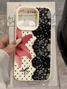 1pc White Polka Dot Red Flower Lace Minimalist Personalized TPU Shockproof Full Coverage Phone Case Compatible With Apple 17 16 15 14 13 12 11 Pro Max Air And Series - Multicolor - View 3
