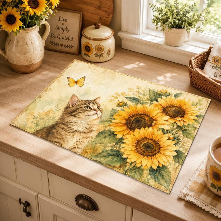 1pc Pet Sunflower Print Pattern Drainage Mat/Absorbent Mat/Drying Mat Coffee Machine Tableware Drying Mat - Absorbent Polyester Tabletop Protector With Rubber Non-Slip Backing, For Kitchen Countertop Decoration - Home Bar And Dining Table Placemat - Multicolor - View 1