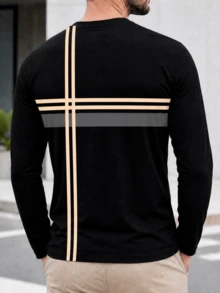 Men's Solid Color Base Premium Contrast Color Horizontal & Vertical Striped Casual Long Sleeve T-Shirt | Loose Fit Comfortable Top Versatile - Black - View 2