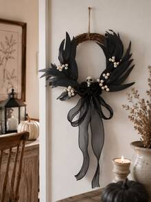 1pc Halloween Black Vine Wreath, Skull Rose Door Hanging, Black Leaf Door Decor, Woven Round Wreath, Gothic Style Door Ring, Front Door Hanging Decoration, Entryway Wall Hanging, Halloween Porch Decoration, Skull Wreath, Black Rose Decor, White Berry Accents, Gauze Ribbon Bow Hanging Decoration, Party Photo Prop, Suitable For Front Door, Living Room, Fireplace, Wall, Windowsill, Display Window, Coffee Corner, Restaurant, Office, Party Table, Halloween Holiday Decoration, Can Be Used For Doorway Welcome Decoration, Indoor Wall Hanging - Gothic Style Ornament C - View 9
