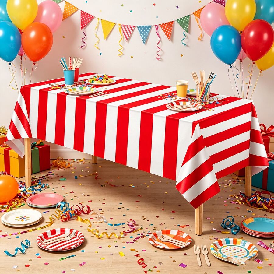 1/3pcs Red And White Striped Tablecloth 137x183cm Carnival Tablecloth Disposable Plastic Tablecloth Circus Theme Party Decoration Carnival Movie Night Birthday Christmas Red Plastic Tablecloth - Multicolor - View 1
