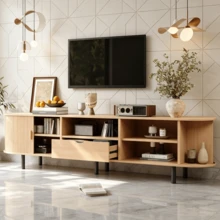 Modern TV Unit Measuring 175x40x55cm, Low Cabinet Type, With Rounded Design And Roll-Up Door, Made Of MDF, Load Capacity Up To 50 Kg, With Drawer And Open Compartments For Living Room, Natural Wood Color. - Natural Color - View 3