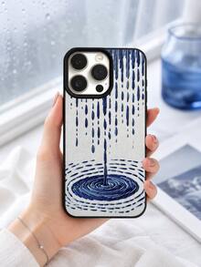 1pc Lychee Texture 3D Embroidered Blue Raindrop Water Ripple Print Phone Case, Cool Healing Chinese Style Embroidery Art Fashion Shockproof Protective Cover Compatible With IPhone 17/16/15/14/13/12/11/Pro/Pro Max/Plus, Suitable As Gift For Couples, Family And Friends - Black - View 3