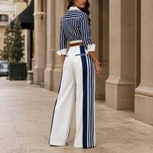 Women's Striped Co-Ord Set Business Casual Woman, Long Sleeve Top & Belted Wide-Leg Pants, Elegant Outfit For Business & Daily Wear (Belt Included) - Blue - View 4