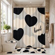 1/4 Pcs Heart Themed Bathroom Shower Curtain Set, Bath Mat, U-Shaped Toilet Lid Cover, Waterproof Shower Curtain, Modern Bathroom Decor, Washable Polyester, No Drilling Required Fall Decor Bathroom Accessories Back To School - Multicolor - View 1