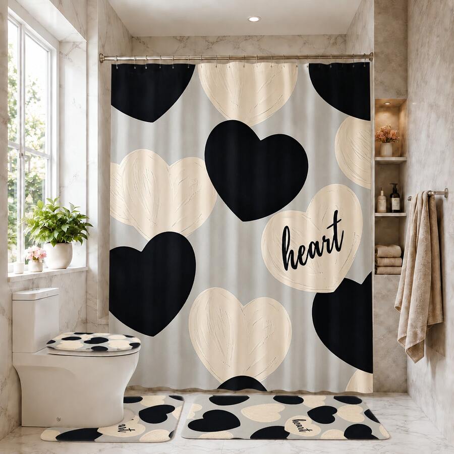 1/4 Pcs Heart Themed Bathroom Shower Curtain Set, Bath Mat, U-Shaped Toilet Lid Cover, Waterproof Shower Curtain, Modern Bathroom Decor, Washable Polyester, No Drilling Required Fall Decor Bathroom Accessories Back To School - Multicolor - View 1
