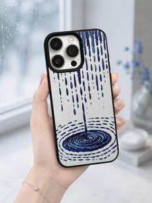 1pc Lychee Texture 3D Embroidered Blue Raindrop Water Ripple Print Phone Case, Cool Healing Chinese Style Embroidery Art Fashion Shockproof Protective Cover Compatible With IPhone 17/16/15/14/13/12/11/Pro/Pro Max/Plus, Suitable As Gift For Couples, Family And Friends - Black - View 5