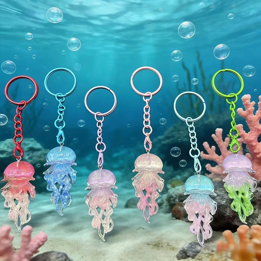 3pcs/Random Color/Dynamic Sparkling Jellyfish Keychain/Glow-In-The-Dark Jellyfish Needs To Absorb UV Rays During The Day To Emit Light At Night/Ocean Element Bag Charm/2D/Multi-Color Optional/Suitable For Keychain Pendant, Bag Decoration, Gift Packaging Decoration