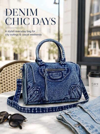 XD New Vintage Washed Denim Crossbody Bag, Casual Y2K Style Shoulder Bag, Dual Handle Tote Bag, Compact Design With Large Capacity, Suitable For Work Commute, Shopping, Travel And Back To School, Fashionable Street Style Bag, Medium Denim Crossbody Bag, Perfect For Denim Girl Style