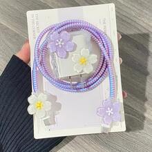 Summer Purple Yellow Blue Multi-Color Floral Charger Protective Case Compatible With IPhone 15 Pro Max, 13, 12/11, 18/20W Fast Charger, Data Cable Protective Case With 3D Texture, High-Definition Transparent Protective Case With Electroplated Protective Line, 4-Piece Set, Essential Gift, New Popular Style - Clear - View 5
