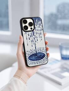 1pc Lychee Texture 3D Embroidered Blue Raindrop Water Ripple Print Phone Case, Cool Healing Chinese Style Embroidery Art Fashion Shockproof Protective Cover Compatible With IPhone 17/16/15/14/13/12/11/Pro/Pro Max/Plus, Suitable As Gift For Couples, Family And Friends - Black - View 4