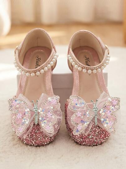 Summer New 3-12 Years Pink Glitter Butterfly Baby Sandals Pink Silver Rhinestones Bow Pearl Straps Elegant Fairy Style