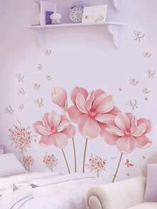 1pc Warm Romantic Pink Magnolia Flower & Butterfly Wall Decal Sticker, Removable Room Decor For Bedroom, Living Room, Entryway - 1PC - View 1
