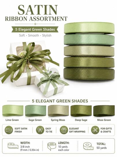 5PCS Mixed Colors 3/8 Inch Wide Premium Double-Faced Satin Ribbon, Suitable For Wedding Gift Wrapping, Bridal Shower Decoration, Bouquet DIY Crafts, 5 Colors X 10 Yards