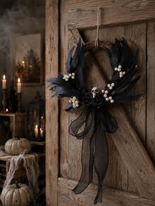 1pc Halloween Black Vine Wreath, Skull Rose Door Hanging, Black Leaf Door Decor, Woven Round Wreath, Gothic Style Door Ring, Front Door Hanging Decoration, Entryway Wall Hanging, Halloween Porch Decoration, Skull Wreath, Black Rose Decor, White Berry Accents, Gauze Ribbon Bow Hanging Decoration, Party Photo Prop, Suitable For Front Door, Living Room, Fireplace, Wall, Windowsill, Display Window, Coffee Corner, Restaurant, Office, Party Table, Halloween Holiday Decoration, Can Be Used For Doorway Welcome Decoration, Indoor Wall Hanging - Gothic Style Ornament C - View 12