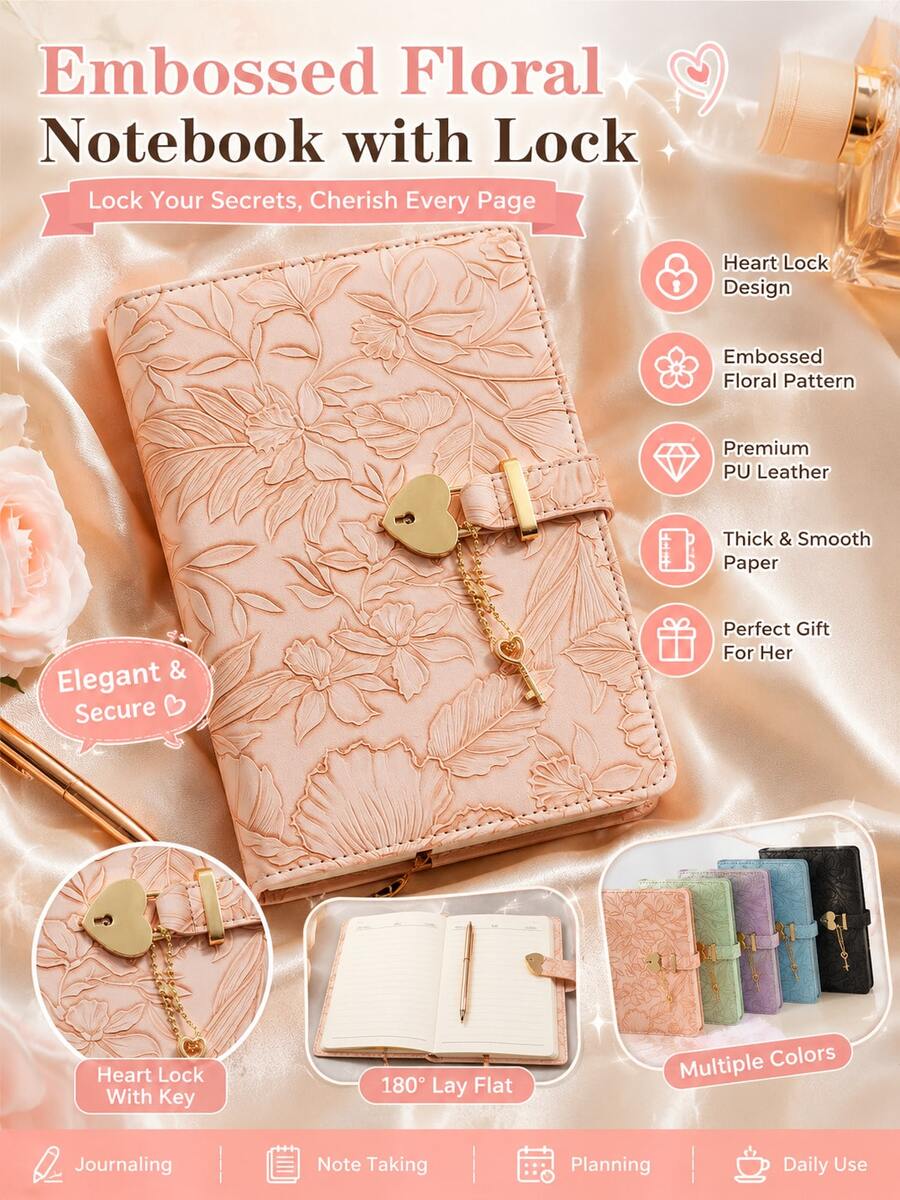 Vintage Embossed Floral Lockable Diary, Heart-Shaped Lock And Key, PU Leather Journal, Suitable For Daily Writing, Travel, School, Office, Personal Notes And Gifts School Supplies - A5 - View 1